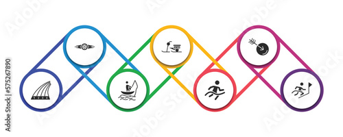 sports filled icons with infographic template. glyph icons such as boxer with belt, skibob, ball arrow, running track, fishing man, marathon champion, winning the race vector. photo