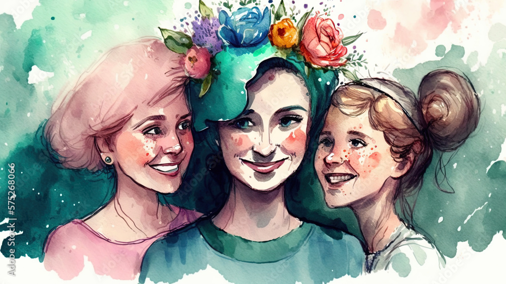Women, mother, daughter, different position of women, whimsical watercolor-style illustration. Generative AI,
