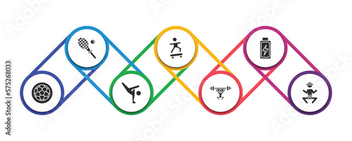 sports filled icons with infographic template. glyph icons such as squash, boy with skatingboard, batter, football ball circular, capoeira, weight lifting, wushu vector. photo