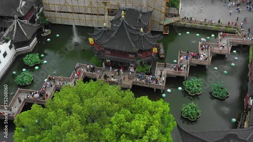 Aerial Panning Shot Of People At City God Temple In Yu Garden - Shanghai, China