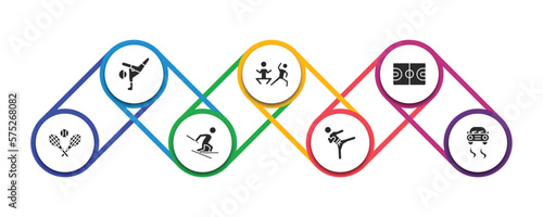 sports filled icons with infographic template. glyph icons such as breakdance, excercise, basketball court, tennis game, slalom, karate fighter, drift car vector.