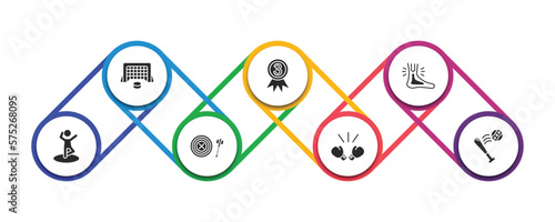 sports filled icons with infographic template. glyph icons such as hockey goal, third, sprained ankle, dancing motion, dartboard with dart, boxing glove, home run vector.