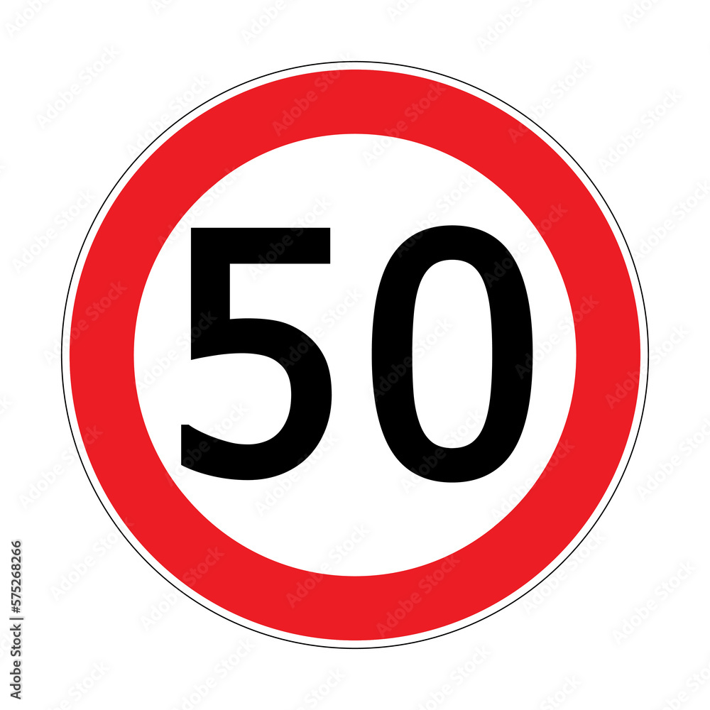Speed limit 50 km h. Vector illustration of red round traffic sign. Circle road sign with number 50 kmh. Legal maximum speed symbol. Flat style design isolated on white background. Speed limit 50 km h. Vector illustration of red round traffic sign. Circle road sign with number 50 kmh. Legal maximum speed symbol. Flat style design isolated on white background.