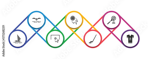 sport filled icons with infographic template. glyph icons such as swimming, volleyball, badminton, windsurf, football, hockey, football jersey vector.