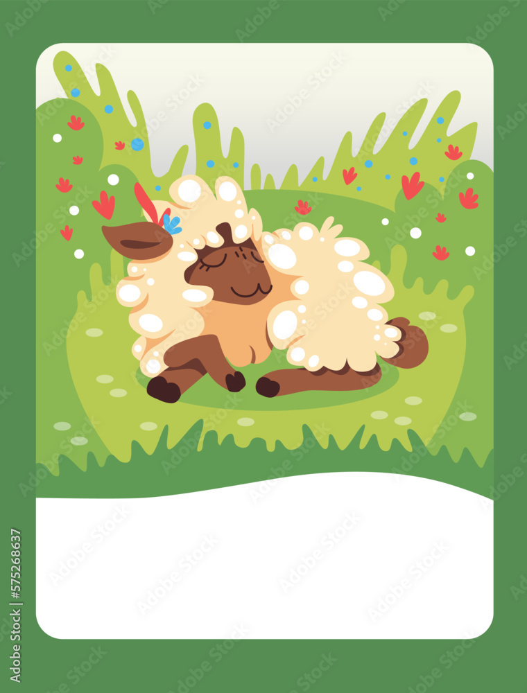 Vector illustration of a sheep on a green meadow. It can be used as a playing card, for the development and education of children. Vector illustration of a sheep on a green meadow. It can be used as a playing card, for the development and education of children.