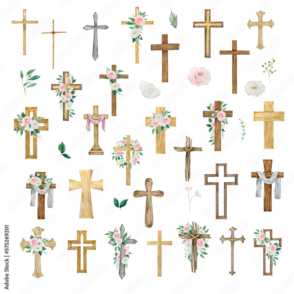 Watercolor crosses decorated with flowers, Easter religious symbo