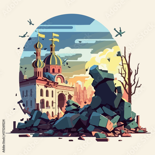 War on Ukraine concept destroyed Ukrainian city flat vector illustration