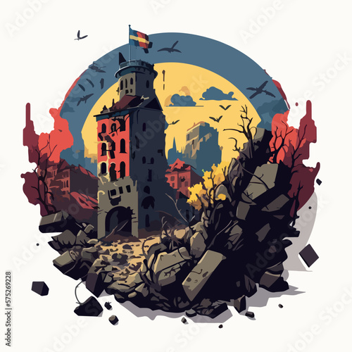War on Ukraine concept destroyed Ukrainian city flat vector illustration