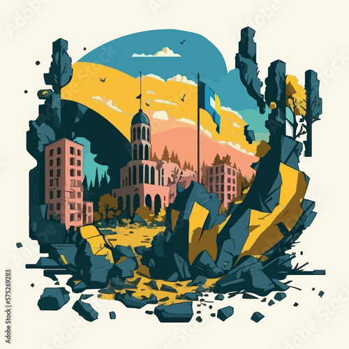 War on Ukraine concept destroyed Ukrainian city flat vector illustration