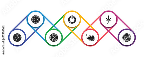 signs filled icons with infographic template. glyph icons such as silence, power button, marijuana, lightning warning, traffic, lost items, no fishing vector.