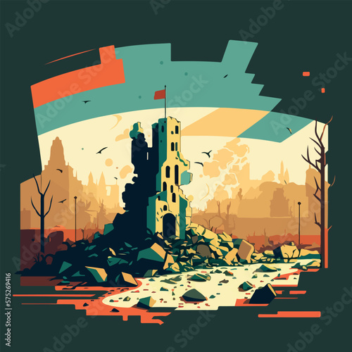 War on Ukraine concept destroyed Ukrainian city flat vector illustration