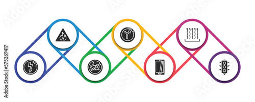 signs filled icons with infographic template. glyph icons such as fire warning, junction, heat, high voltage, rats, smarthphone, traffic vector.