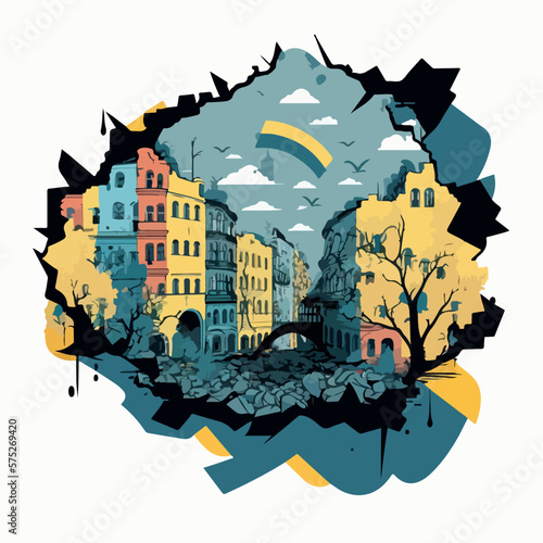 War on Ukraine concept destroyed Ukrainian city flat vector illustration