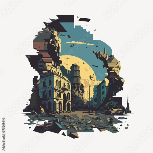 War on Ukraine concept destroyed Ukrainian city flat vector illustration