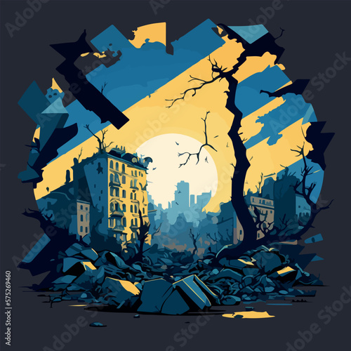 War on Ukraine concept destroyed Ukrainian city flat vector illustration