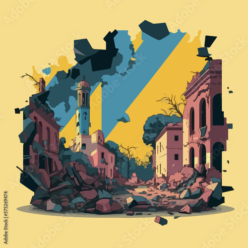 War on Ukraine concept destroyed Ukrainian city flat vector illustration