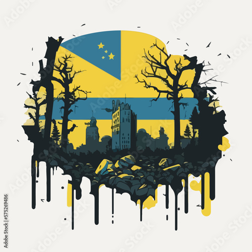 War on Ukraine concept destroyed Ukrainian city flat vector illustration