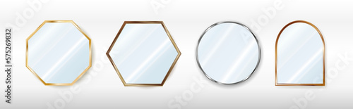A set of mirrors of various shapes in silver, cooper, bronze and gold frames. Reflective glass plate. 3d vector illustration isolated on white background.