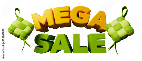 Mega Sale sign with 2 ketupat icon for Eid mubarak Ramadan Kareem Raya islamic festival 3d render illustration