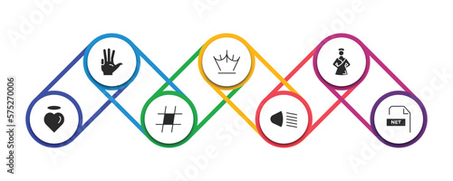 shapes filled icons with infographic template. glyph icons such as four finger in hand, reign, mongolian, pure love, hash key, low beam, net contents vector.