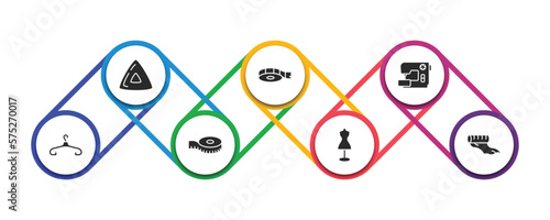 sew filled icons with infographic template. glyph icons such as chalk, tape, sewing, clothes hanger, measuring tape, dummy, silk vector.