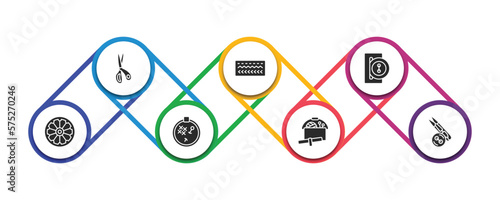 sew filled icons with infographic template. glyph icons such as cutting tool, stitches, buttonhole, spokes, embroidery hoop, sewing box, sewing tools vector.