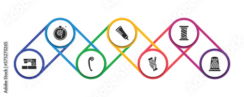 sew filled icons with infographic template. glyph icons such as embroidery, glue stick, cotton reel, new sewing hine, french curve, threads, sewing thimble vector.