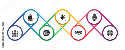 religion filled icons with infographic template. glyph icons such as prayer, holy star, hamsa, jewish, calvary, holy elephant, animism vector.