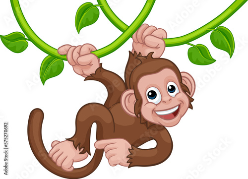 A monkey cartoon character singing on jungle vines and pointing