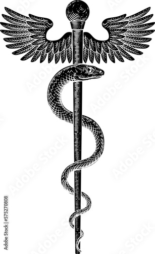 A Rod of Asclepius doctor medical snake symbol in a vintage engraved retro style