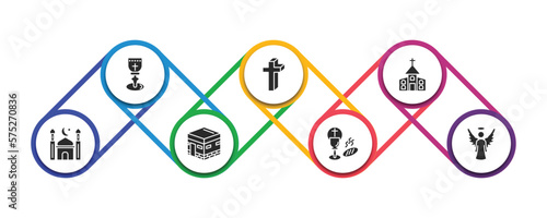 religion filled icons with infographic template. glyph icons such as holy chalice, cross, christianity, mosque, islam, communion, angel vector.