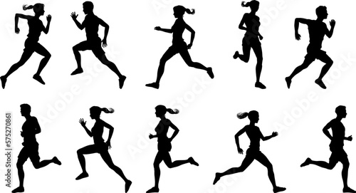 Runner silhouette set of sprinters, runners and joggers running track or jogging. People silhouettes in outline. Women and men, male and female athletes racing.