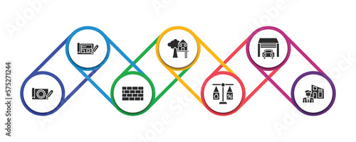 real estate filled icons with infographic template. glyph icons such as plans, tree house, garage, technical drawing, wall, juridical, or vector.