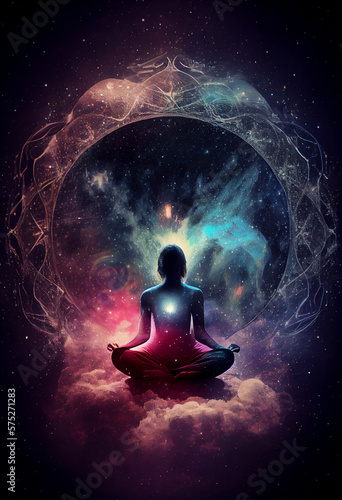 Woman in the lotus position on the background of open space. AI generated © StockMediaProduction