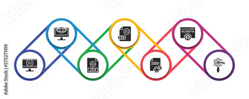 programming filled icons with infographic template. glyph icons such as seo monitoring, css file format, bug report, computing, jsx, article, seo keywords vector.