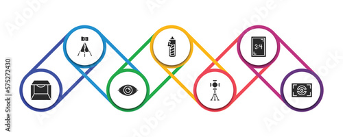 photography filled icons with infographic template. glyph icons such as tr, carging, aspect, light box, red eye, spotlight, metering vector.