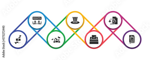 political filled icons with infographic template. glyph icons such as women rights, uncle sam hat, political balance, bribe, protest, election, oath vector.