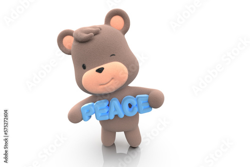 Teddy bear holding the word peace in English writing. teddy bear isolated on white background 3D Render.