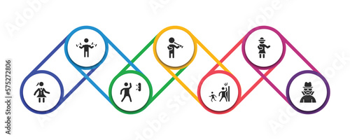 people filled icons with infographic template. glyph icons such as biceps of a man, man playing a flute, napoleon figure, scholar girl front, man throwing a dart, hide and seek, gangsters vector.