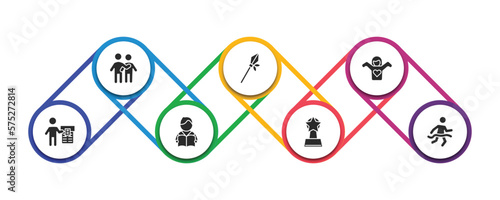 people filled icons with infographic template. glyph icons such as man hugging, lance, getting dressed, ticket hine, student books, cinema award, running at finish line vector.