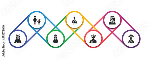 people filled icons with infographic template. glyph icons such as father and daughter, emperor, bedouin, snuggle, unknown, old man, spanish man vector.