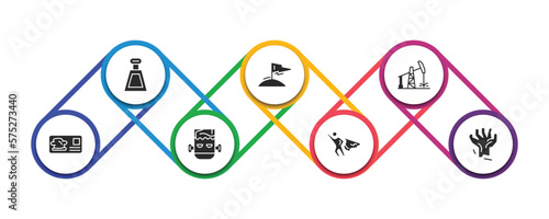 other filled icons with infographic template. glyph icons such as kilograms, king of the hill, oil tower, cook business card, monster, super hero, tombstone zombie hand vector.