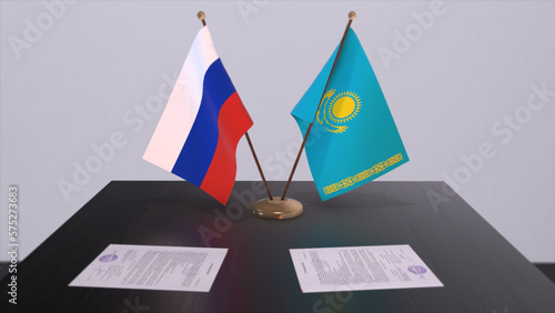 Kazakhstan and Russia national flag, business meeting or diplomacy deal. Politics agreement 3D illustration