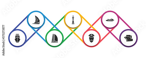 nautical filled icons with infographic template. glyph icons such as felucca, smeaton's tower, watercraft, ballast, scow, ship admiral, vessel vector.