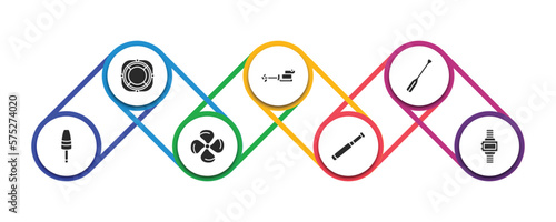 nautical filled icons with infographic template. glyph icons such as lifesaver, ship engine, oars, buoys, propeller, nautical monocular, water resist watch vector.