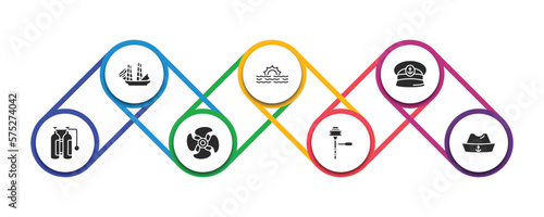 nautical filled icons with infographic template. glyph icons such as frigate, sea, captain hat, air tank, ship engine propeller, boat engine, sailor hat vector.