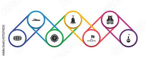 nautical filled icons with infographic template. glyph icons such as yacht facing right, boat bell, life jacket, rubber raft, porthole, sea flag, buoy vector.