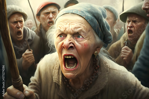 An old lady holding a stick, angry and screaming with many old people around her, an angry mob ready for action against the soldiers of putin photo