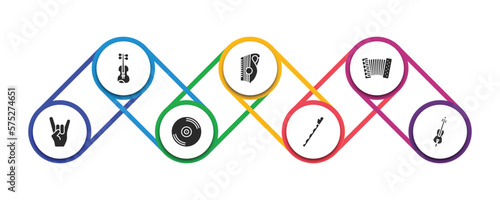 music filled icons with infographic template. glyph icons such as viola, zither, accordion, heavy metal, disc, pennywhistle, violoncello vector.