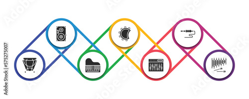 music filled icons with infographic template. glyph icons such as speaker, tambourine, jack, kettledrum, piano, sound mixer, xylophone vector.